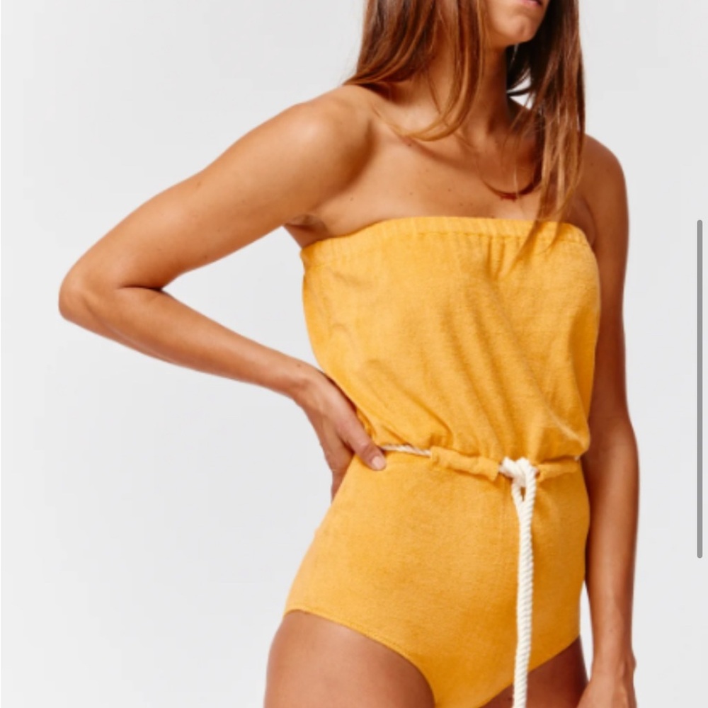 Lisa Marie Fernandez victor drawstring maillot in marigold terry cloth